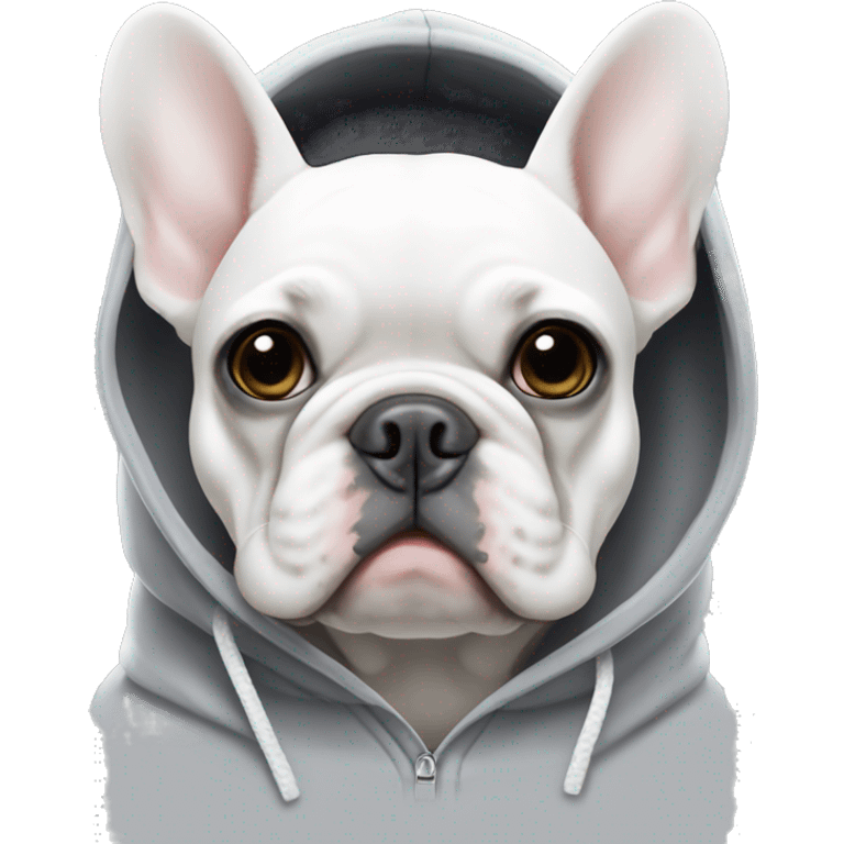 White and grey French bulldog wearing a hoodie emoji