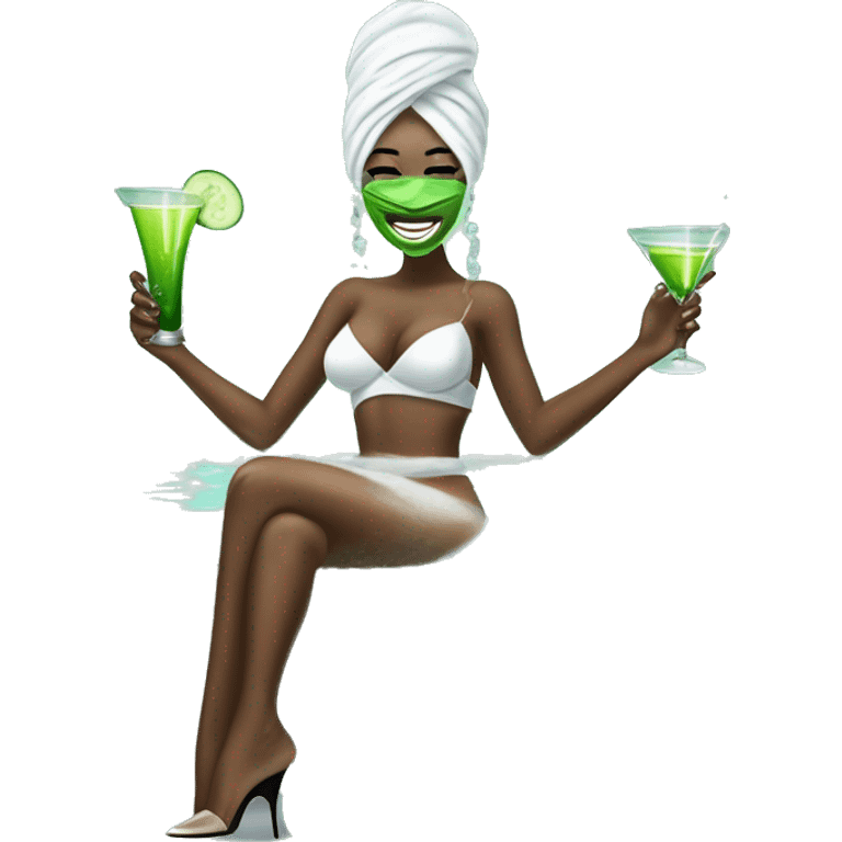 Girl with white towel wrapped around hair and cucumbers on eyes with green face mask and manicure  holding a martini glass and bottle in black high heels kicking feet out in bubble bathtub  emoji