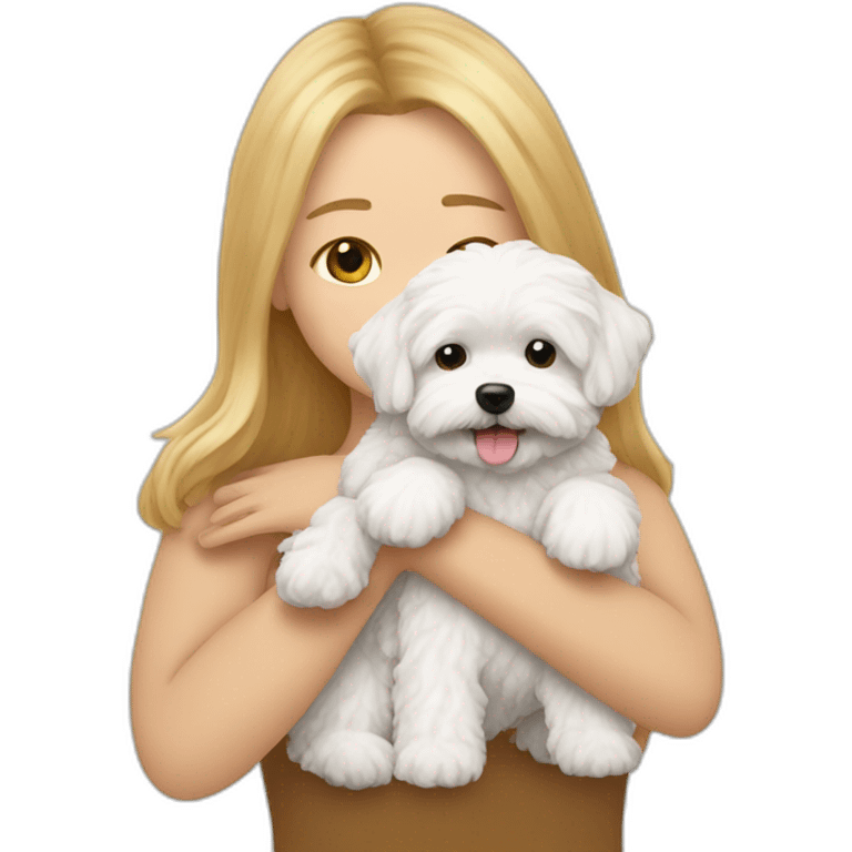 a long haired woman hugging white maltipoo emoji