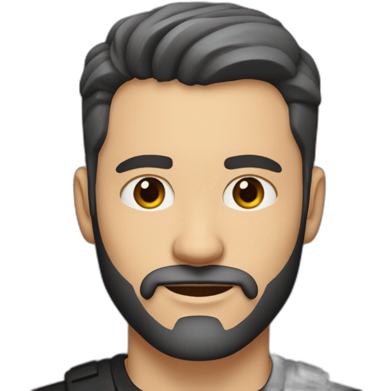 White man with slight tan, dark brown eyes and hair. He has beard stubble and mustache trimmed. Wears black clothing. His hair is an symmetrical undercut with side fade, styled sideways emoji