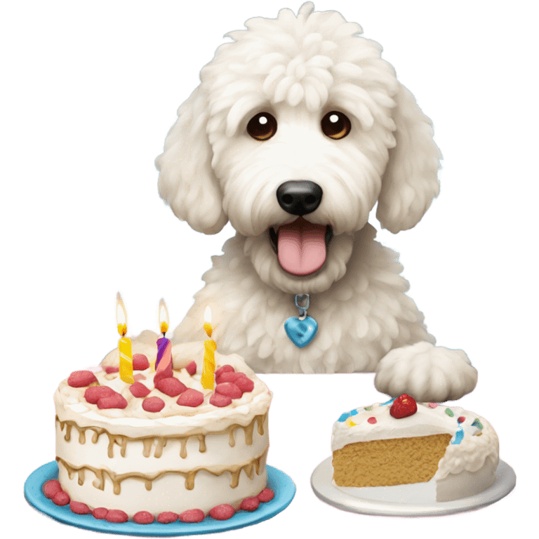 white goldendoodle eating birthday cake emoji