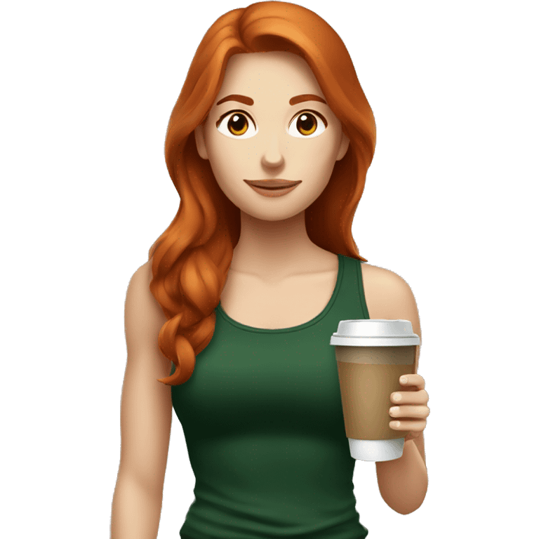 Redhead fitness girl in dark green top with coffee emoji