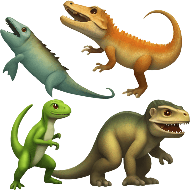 Evolution to fish to Onchopristis to lizard to dimetrodon to dinosaur to monkey to human emoji