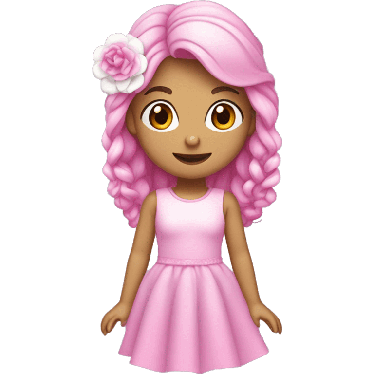 Menina com cabelo encaracolado em duas cores rosa do lado esquerdo e Lilás do lado direito. A menina está usando um vestido rosa claro com detalhes de flores brancas na barra e calçando tênis rosa brilhante. emoji