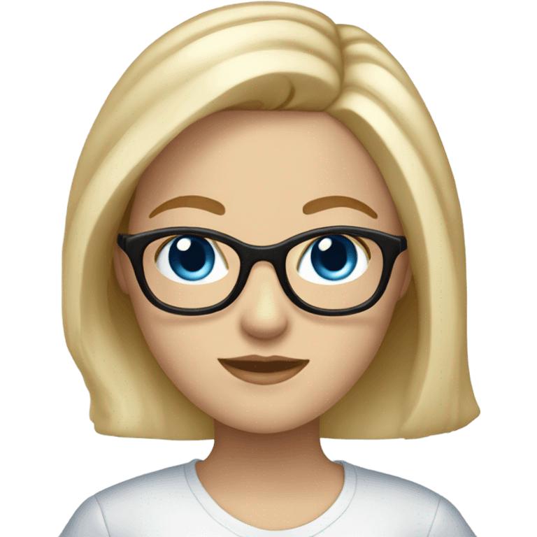 A white girl whit blonde hair and glasses and blue eyes and a off white shirt emoji