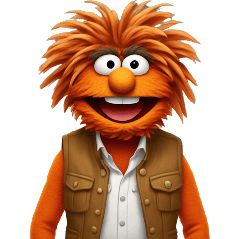 "Animal" the vibrant orange Muppet character with wild hair, large white eyes, and a wide, open mouth displaying sharp teeth. The Muppet is dressed in a colorful outfit consisting of a yellow vest, a red shirt, and brown pants emoji