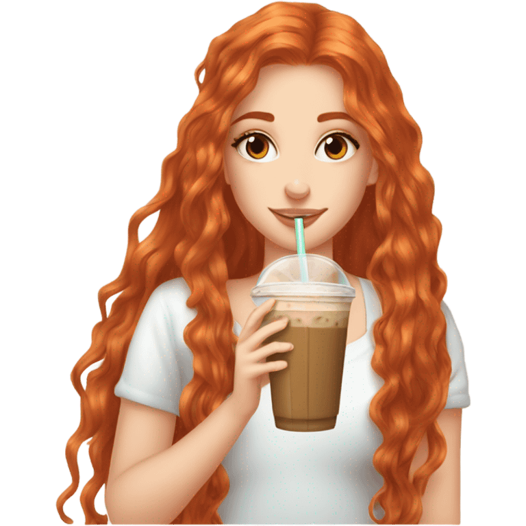 Beautiful fair skin long orange red hair girl brown eyes fair skin girly beautiful drinking straw iced ice coffee clean white beautiful emoji