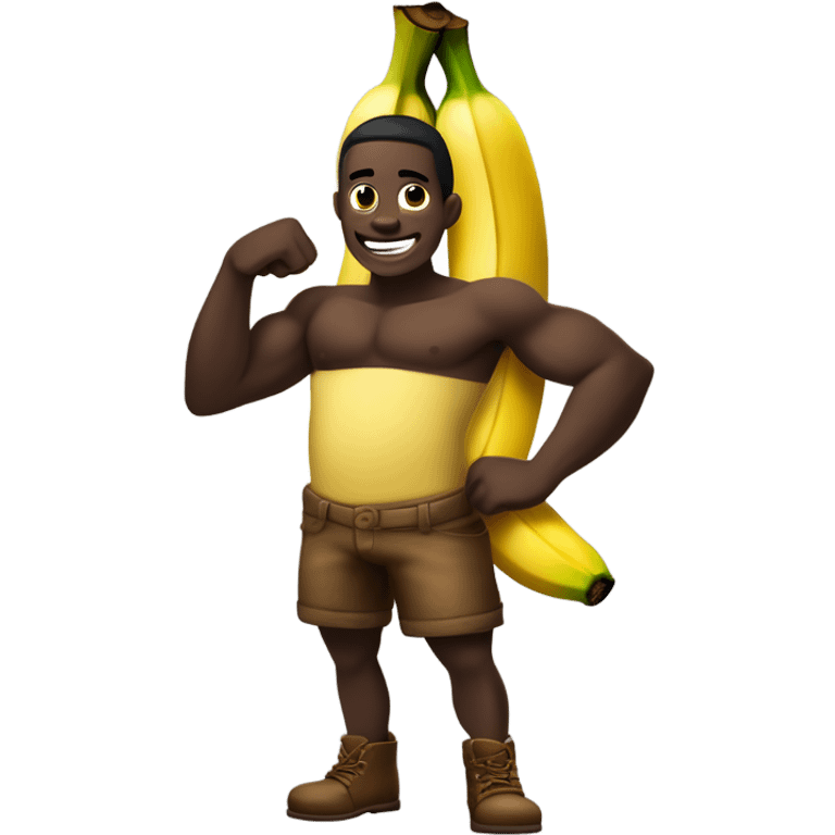 Use standard IOS emojis of a banana, a log, an obergine and flexed biceps: dark skin ton and generate the following: an obergine with two logs as eyes and a banana as smile and two biceps as h emoji