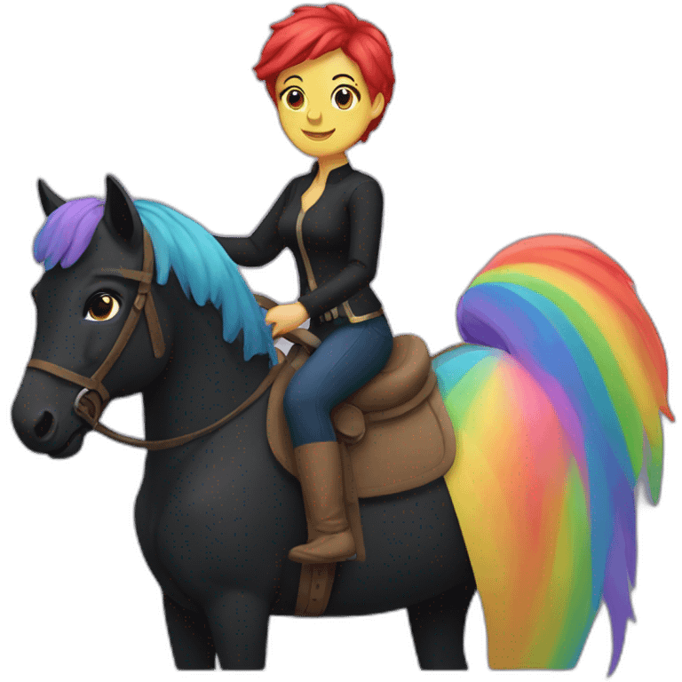 Woman whit short rainbow hair riding a black horse emoji