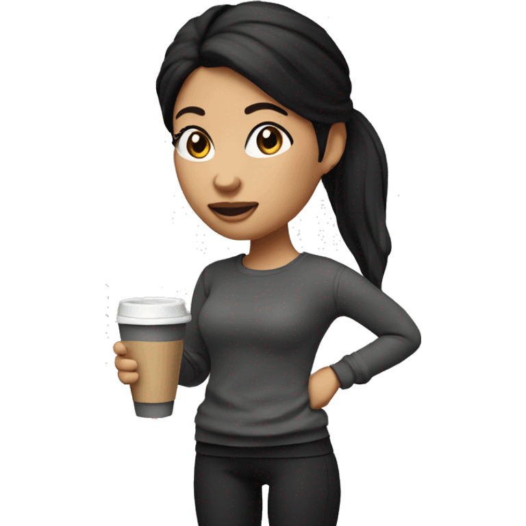 3d doll casual standing with coffee in her hand, black hair ponytail, leggins black and sweater emoji