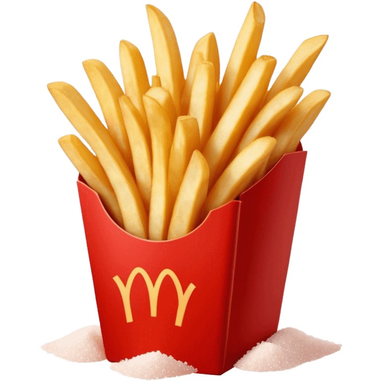 Cinematic crispy golden French fries, piled high, sprinkled with salt, served in a red carton, warm and inviting, rich golden hues, perfectly crunchy and delicious. emoji