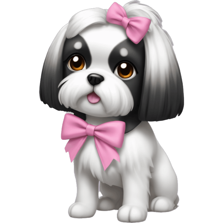 Shitzu girl dog with black and white hair, with a medium length ponytail and a pink bow to tie her hair emoji