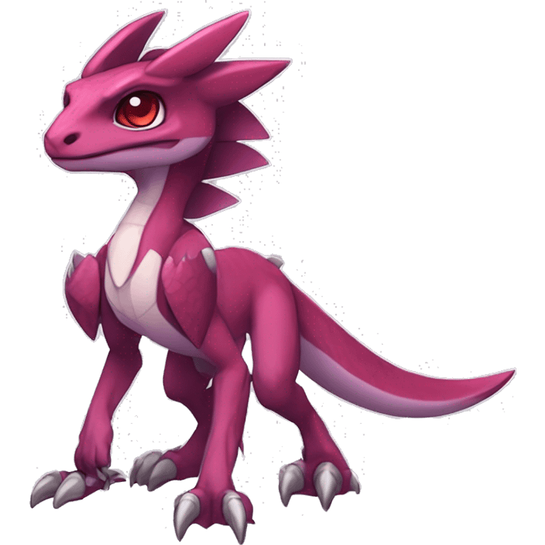 Chibi-Anthro Mauve-maroon-red-violet-colored edgy anthro-genesect-velociraptor-scalie-sona-Fakémon-hybrid with a mane on head and back and horns full body emoji