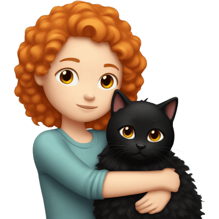 Ginger girl cuddling with black fluffy cat emoji