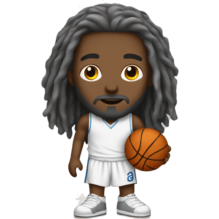 Jesus playing basketball with gray dreadlock hair and dark brown eyes emoji