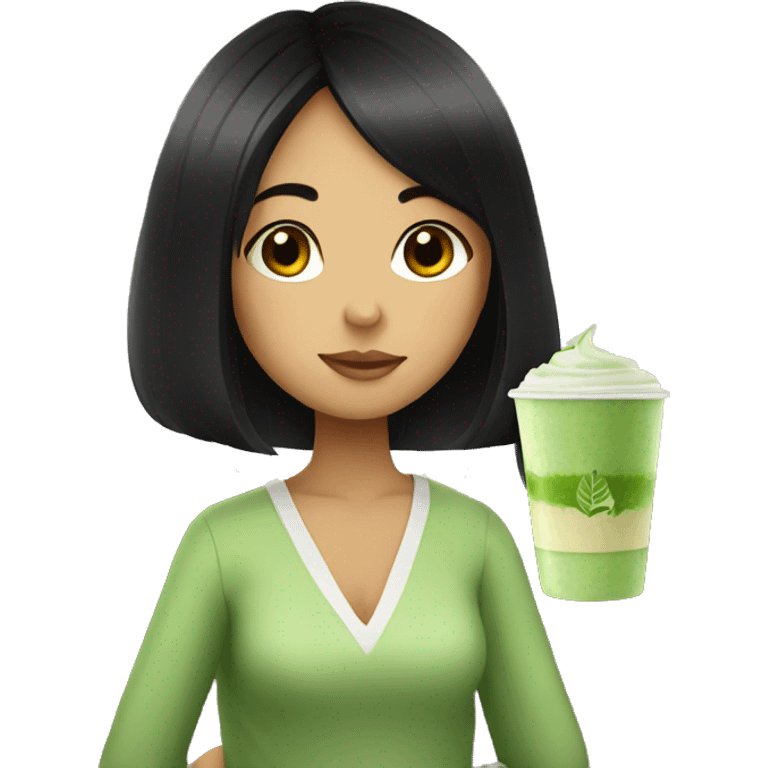 Girl with black hair drinking matcha  emoji