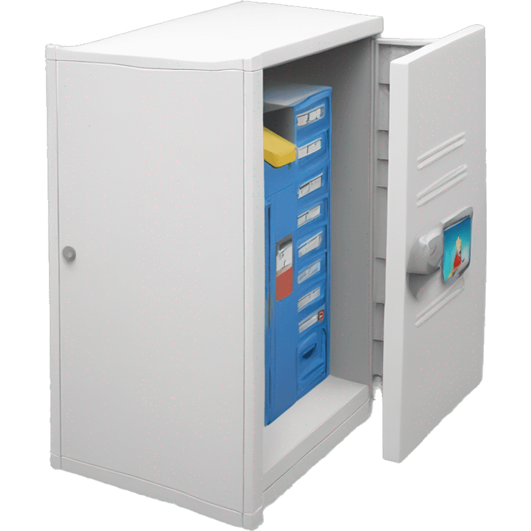 isometric smart package locker, white, with screen emoji