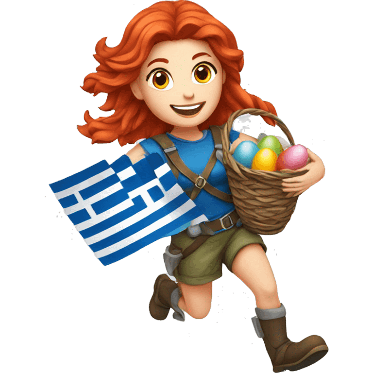 Female mountaineer red hair climbing with Greek flag and holding Easter eggs basket emoji