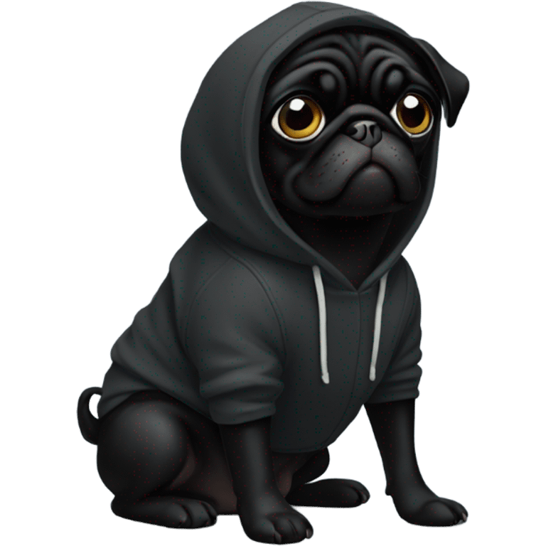 Black pug wearing a black hoodie emoji