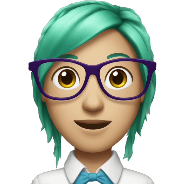 Nerd emoji, female, with green ponytail and purple glasses and blue eyes emoji