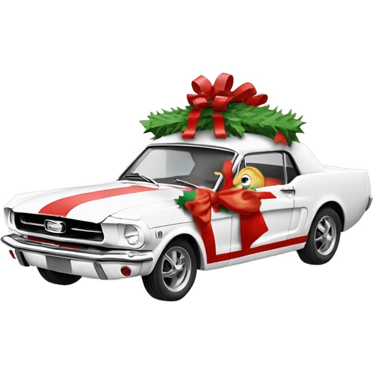 Create a merry Christmas’s messages with a white mustang car from the 1960s with Santa in the drivers seat waving out the window emoji