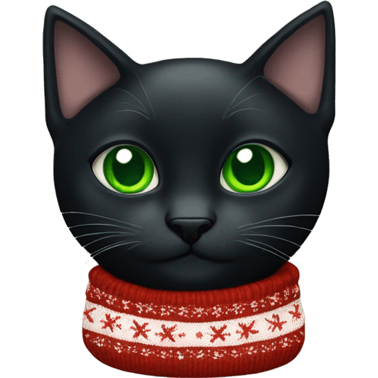 Black cat with green eyes wearing a Christmas sweater emoji