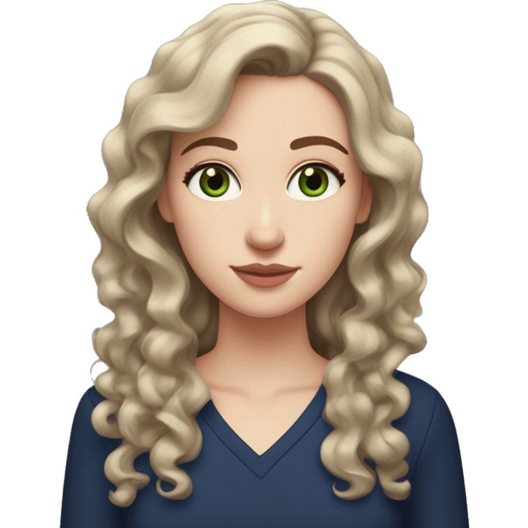 A pale white girl with curly brown hair that reaches down to her chest, her hairstyle parted in the middle, grayish green eyes with a mole next to her left eye and wearing a navy blue shirt and natural pink lips. emoji