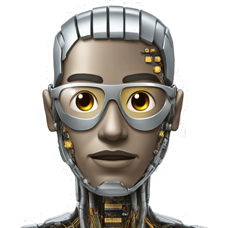 Male cyborg head with metallic skin, flat top, rectangular glasses and circuits emoji