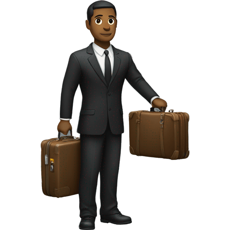 a man wearing black suit and holding suitcase looking away and standing emoji