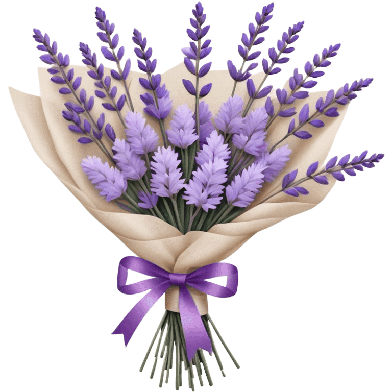 A delicate hand-tied lavender bouquet, featuring wisps of pale lilac and deep amethyst sprigs, is wrapped in parchment paper secured with a dusty plum ribbon. The gentle contrast of fresh and dried stems creates a soft, ethereal look, while the faint scent of lavender lingers like a nostalgic embrace from a bygone era.
 emoji