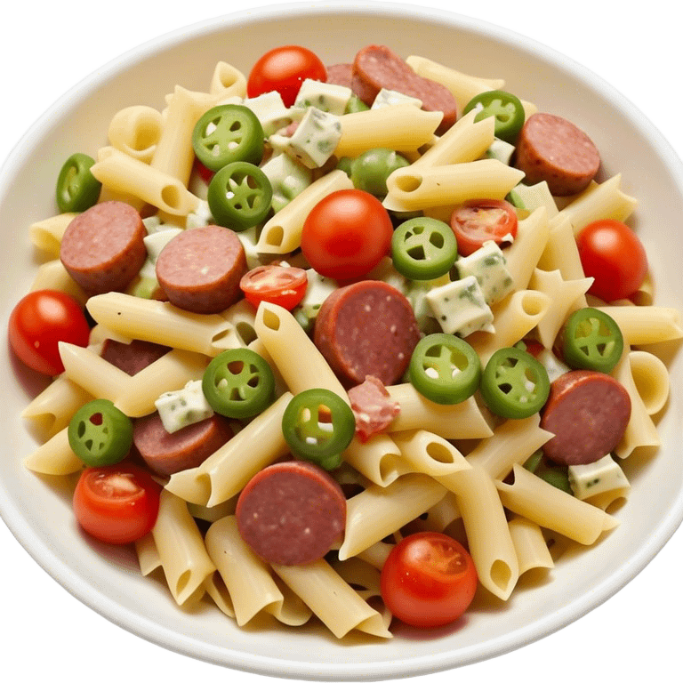 Pasta salad with chopped sausage, chopped gherkins, chopped cocktail tomatoes and mayonnaise  emoji