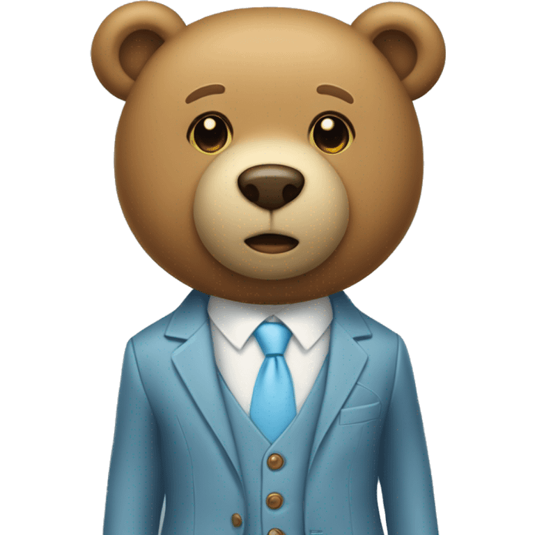 Light brown teddy bear with a light blue suit, with two light yellow buttons on the suit emoji