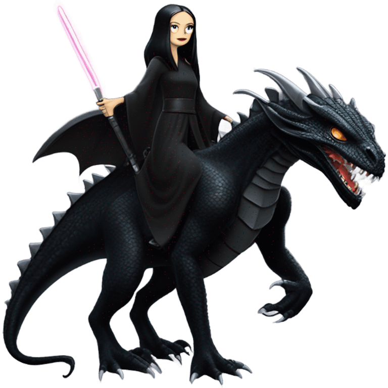  beautiful armored teen Morticia Addams Jedi riding on the back of a very large black shiny evil-looking dragon emoji