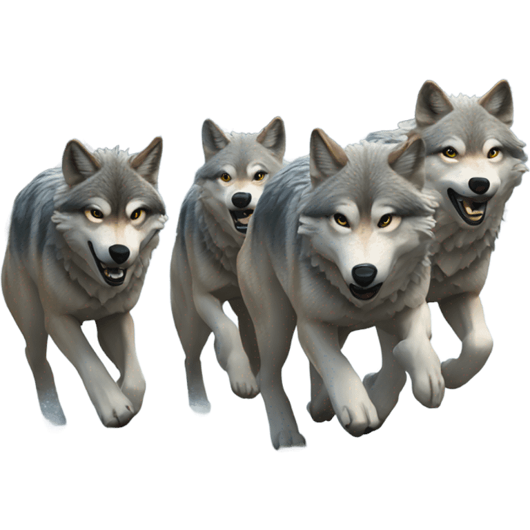 A pack of wolves running through a snowy forest. emoji