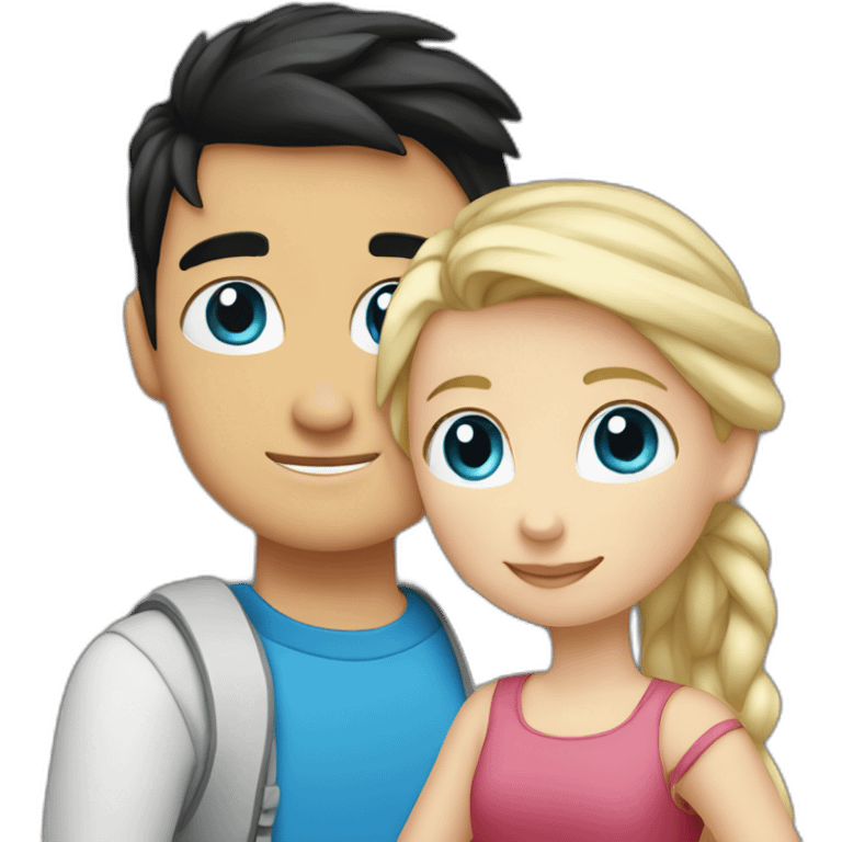 blond white girl with blue eyes hug white boy with black hair with pony-tail emoji