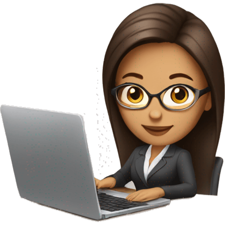 Business woman typing on a laptop with soft tan skin and chocolate brown hair, who isn't wearing glasses emoji