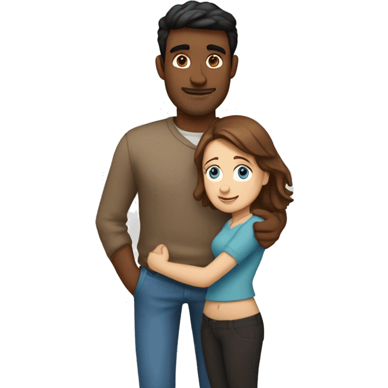 Couple embracing with arms around each other; white woman with blue eyes and brown hair, Indian man with black hair  emoji