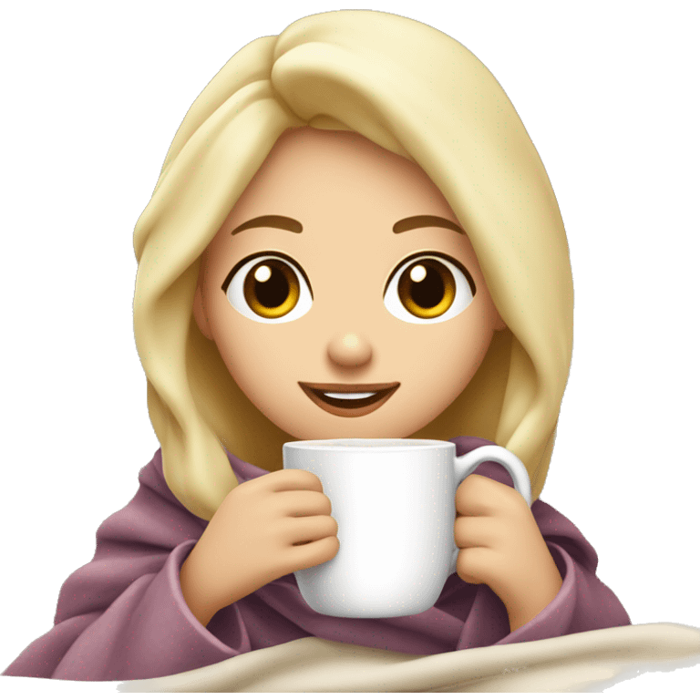 pretty blonde girl fully wrapped in big blanket drinking hot chocolate with marshmallows  emoji