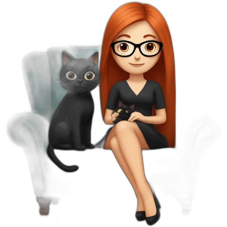 woman with long straight red hair and black-rimmed glasses, in a dress, sitting in an armchair, with a black cat on her lap emoji