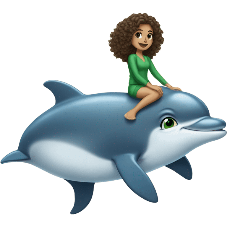 Short brunette girl who’s college aged, curly hair, green eyes, riding a dolphin  emoji