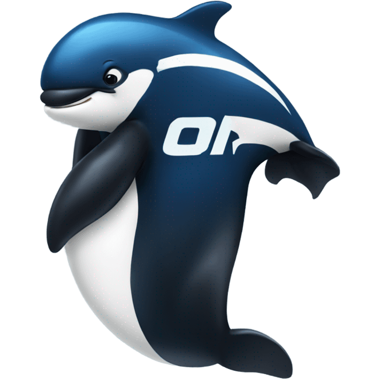 Orca wearing a blue football jersey with muscles  emoji