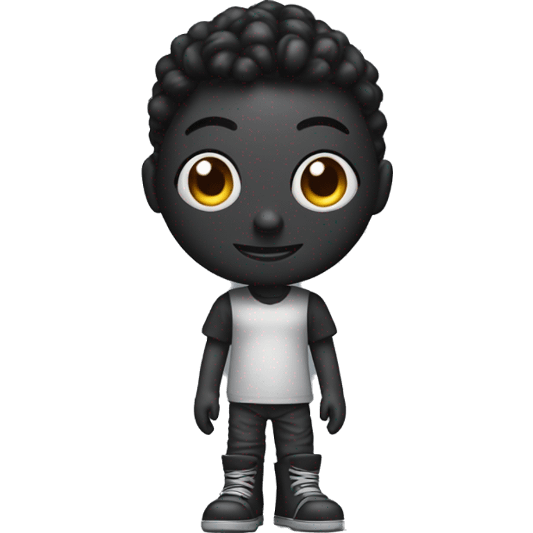 Create an image of an animated black character resembling a collectible vinyl toy. The character is humanoid with a robotic texture and oversized, glossy eyes that give it an expressive, emoji