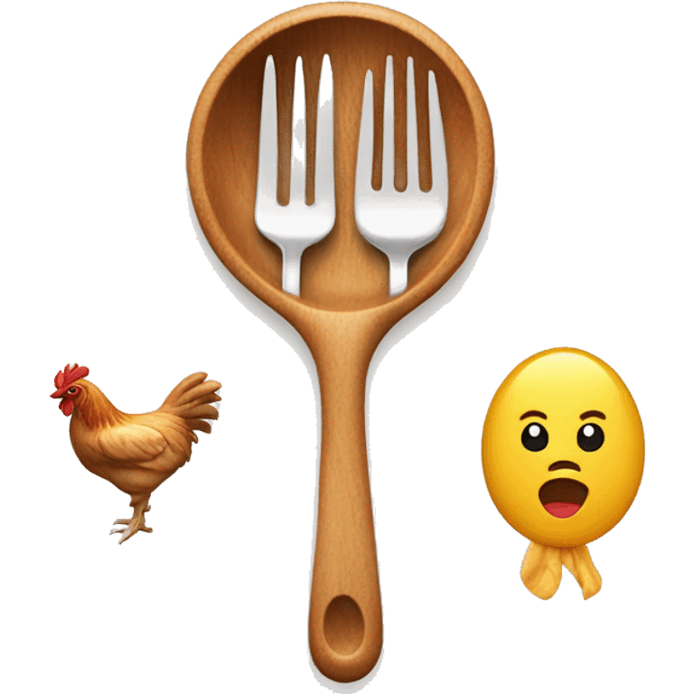 Wooden spoon and fork, chicken, fish, and meat behind in background emoji