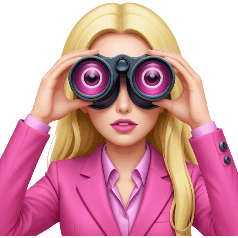 futuristic-looking woman with long hair in an intensive color pink suit looking through two-eyed binocular, viewed from an angled perspective emoji