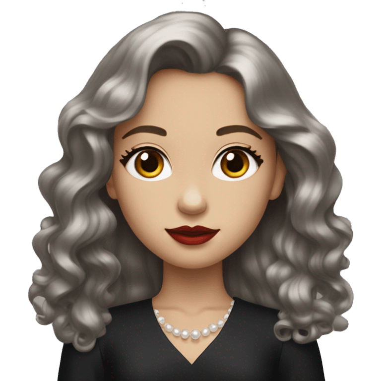 Readhead young girl with long wavy hair, red lipstick and grey eyes, with pearl earrings and black dress  emoji