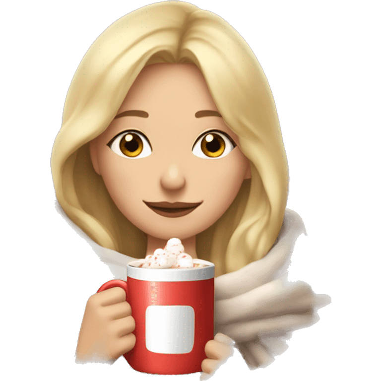 pretty blonde girl with eyes closed wrapped in big blanket drinking hot chocolate with marshmallows emoji