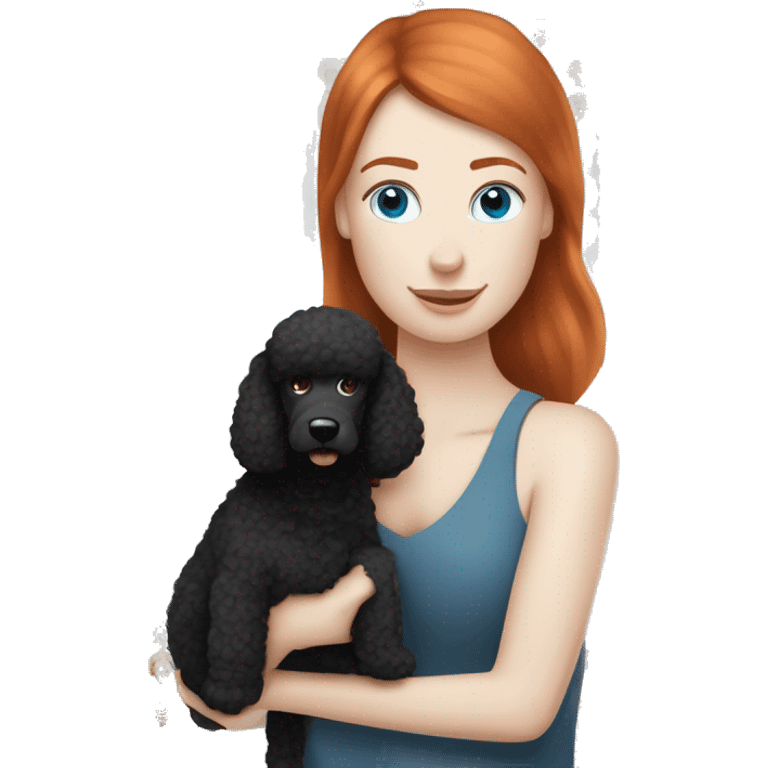 Pale White skinned straight Red haired blue eyed woman with one black standard poodle emoji