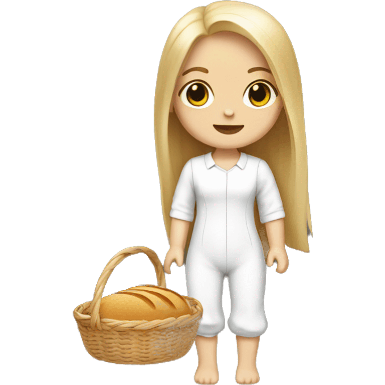 cute white doll, with jumpsuit, white shirt in it, long straight hair, holding a bread basket emoji