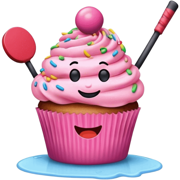 cupcake with pink frosting and sprinkles with a face holding a hockey puck emoji