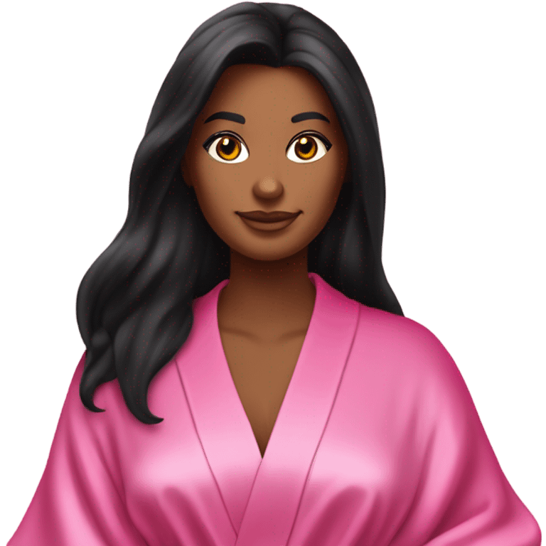 Tanned woman with long black hair wearing a silk pink Victoria’s Secret robe emoji